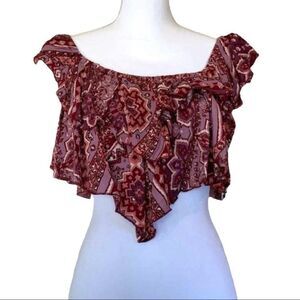 Anthropologie Olivaceous Maroon Print Handkerchief Ruffle Boho Crop Top Sz Med 